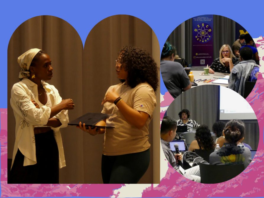 Three photos arranged on a colorful background. Each photo consists of keynote speakers interacting with cohort members. 